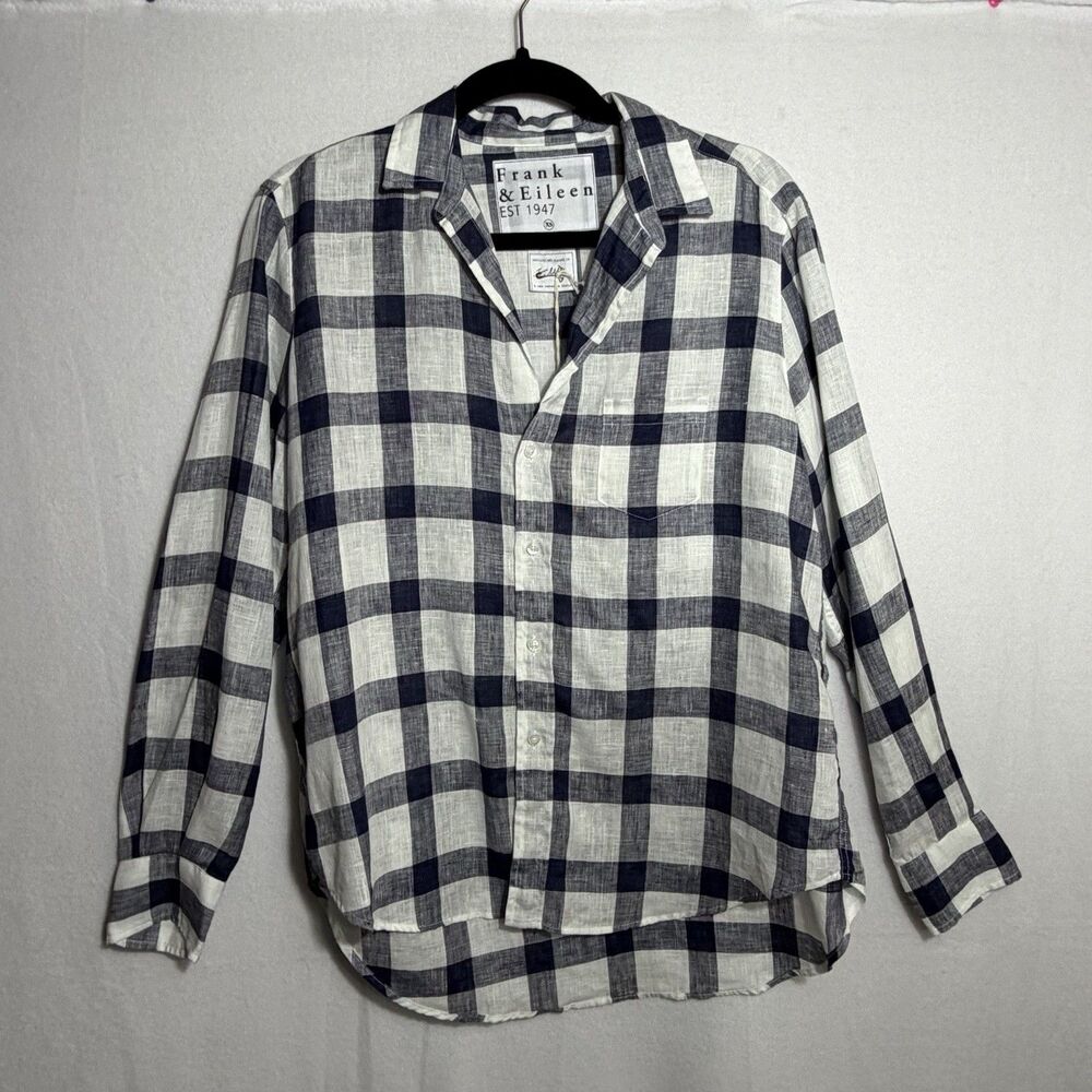 NWOT Frank & Eileen Navy White Check 100% Linen Eileen Button Down Blouse Sz. XS
